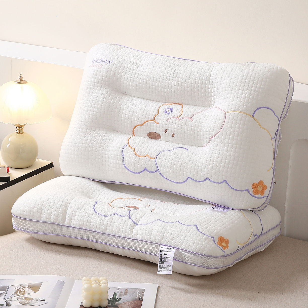 91家纺网 家纺一手货源 找家纺 （总）珍贝 2025新款云柔舒适枕按摩泡泡护颈枕婴童枕-happy狗