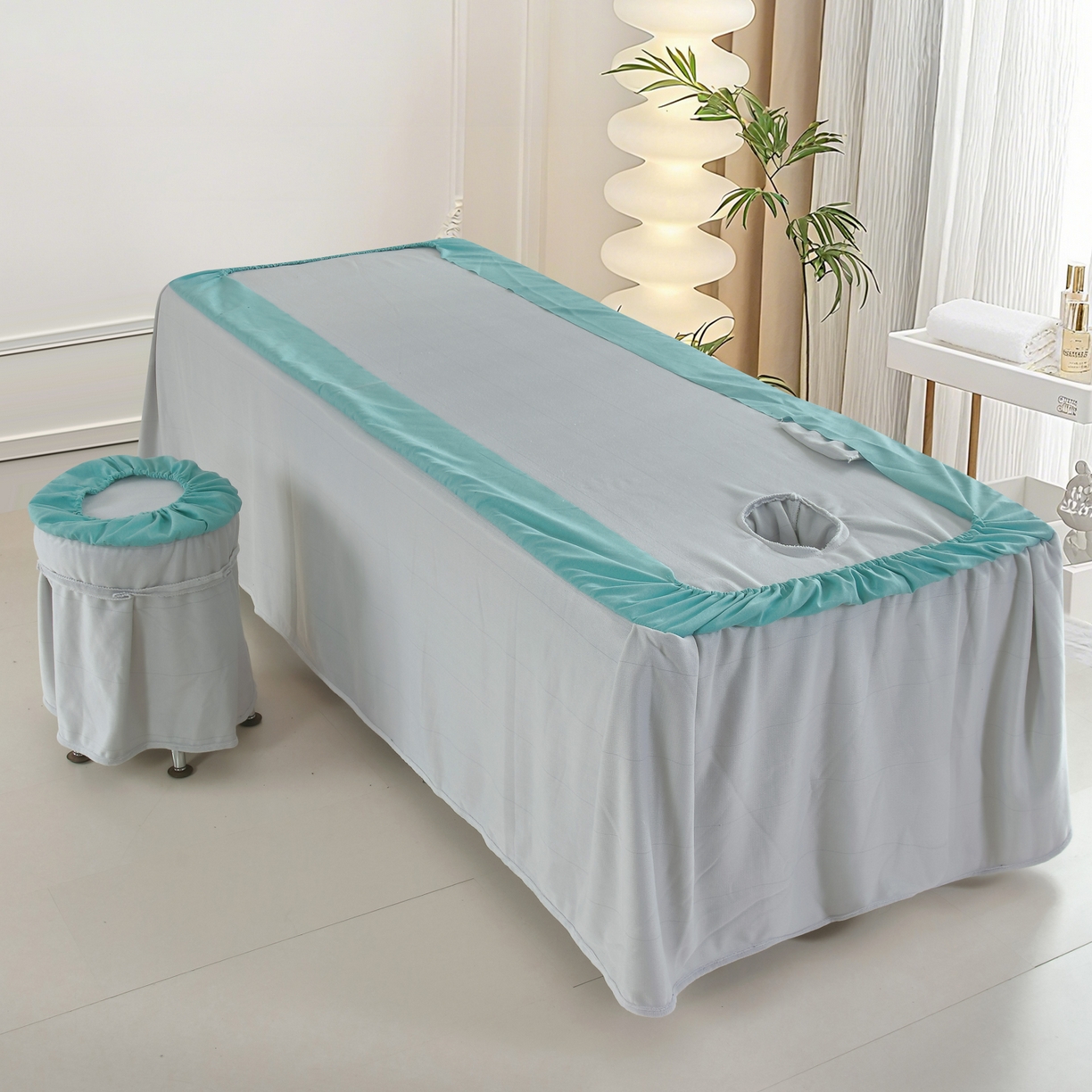 91家纺网 家纺一手货源 找家纺 千姿坊 2025新款秋冬加厚保暖牛奶绒美 容床罩四件套美 容院养生馆专用-叶语悠然 叶语悠然-浅灰