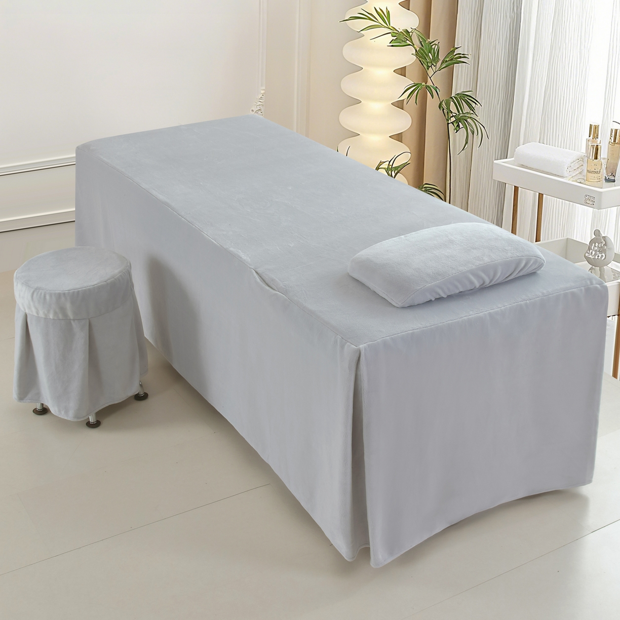 91家纺网 家纺一手货源 找家纺 千姿坊 2025新款秋冬加厚保暖牛奶绒美 容床罩四件套美 容院养生馆专用-叶语悠然 叶语悠然-浅灰