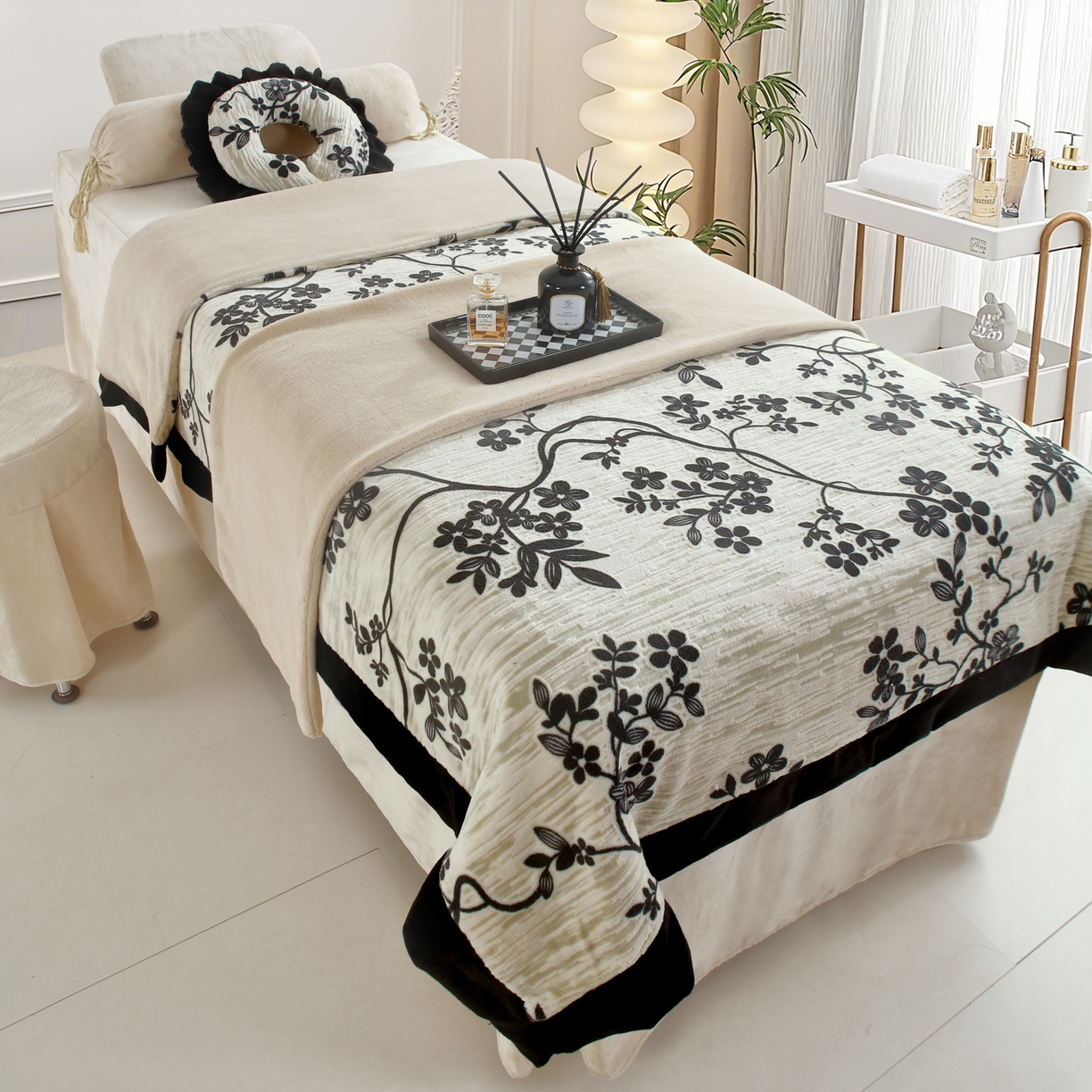 千姿坊 2025新款秋冬加厚保暖牛奶绒美 容床罩四件套美 容院养生馆专用-叶语悠然 叶语悠然-卡其