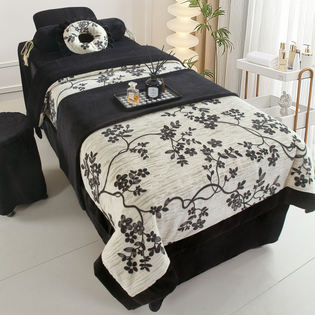 千姿坊 2025新款秋冬加厚保暖牛奶绒美 容床罩四件套美 容院养生馆专用-叶语悠然 叶语悠然-黑色