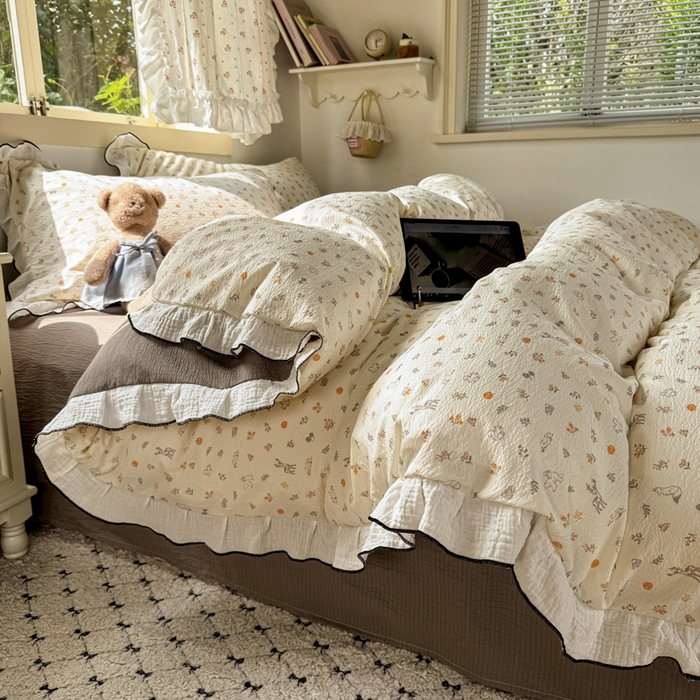 91家纺网 家纺一手货源 找家纺 繁花家居 2025新款高弹线云感木棉多层纱花边超软四件套 森林公园