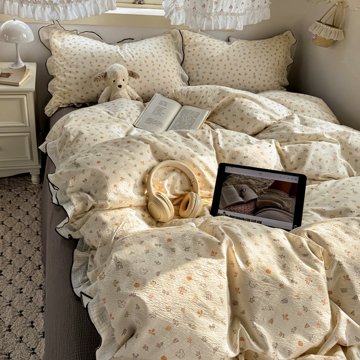 91家纺网 家纺一手货源 找家纺 繁花家居 2025新款高弹线云感木棉多层纱花边超软四件套 森林公园