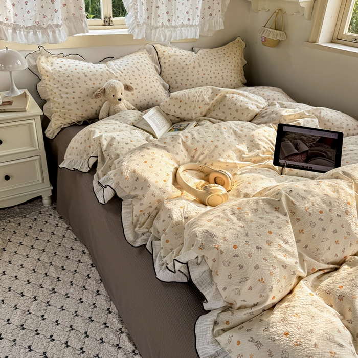 91家纺网 家纺一手货源 找家纺 繁花家居 2025新款高弹线云感木棉多层纱花边超软四件套 森林公园