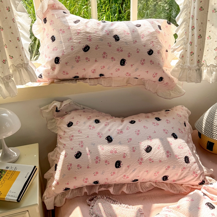 91家纺网 家纺一手货源 找家纺 繁花家居 2025新款高弹线云感木棉多层纱花边超软四件套 黑猫花花