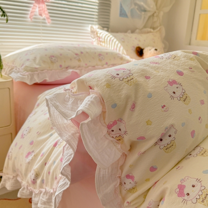 91家纺网 家纺一手货源 找家纺 繁花家居 2025新款高弹线云感木棉多层纱花边超软四件套 圣代甜喵-米