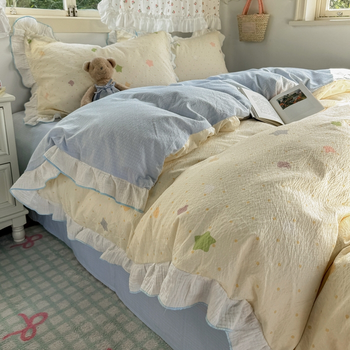 91家纺网 家纺一手货源 找家纺 （总）繁花家居 2025新款高弹线云感木棉多层纱花边超软四件套