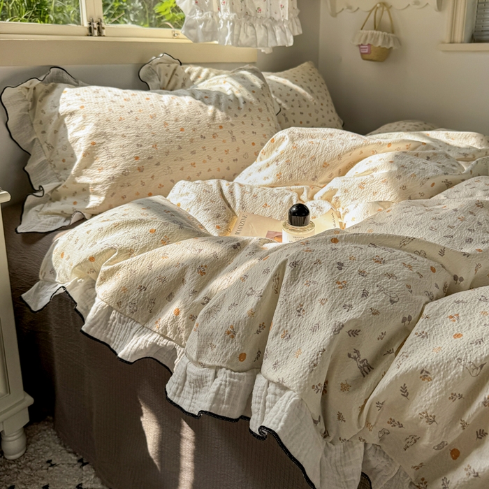 91家纺网 家纺一手货源 找家纺 繁花家居 2025新款高弹线云感木棉多层纱花边超软四件套 森林公园