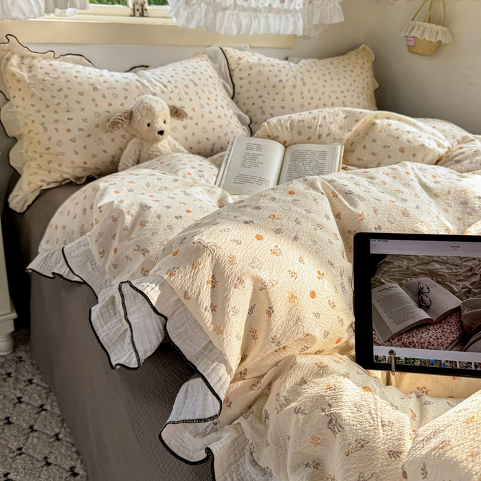 91家纺网 家纺一手货源 找家纺 繁花家居 2025新款高弹线云感木棉多层纱花边超软四件套 森林公园