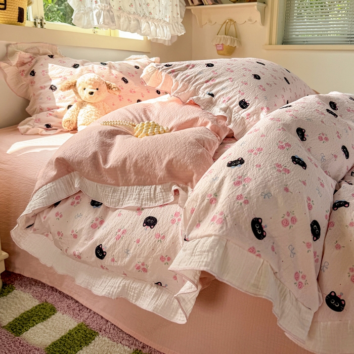 91家纺网 家纺一手货源 找家纺 繁花家居 2025新款高弹线云感木棉多层纱花边超软四件套 黑猫花花