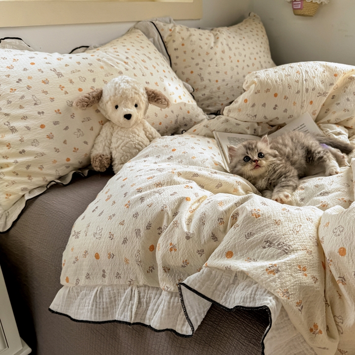 91家纺网 家纺一手货源 找家纺 繁花家居 2025新款高弹线云感木棉多层纱花边超软四件套 森林公园