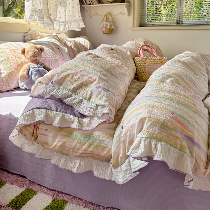 91家纺网 家纺一手货源 找家纺 繁花家居 2025新款高弹线云感木棉多层纱花边超软四件套 色彩斑斓