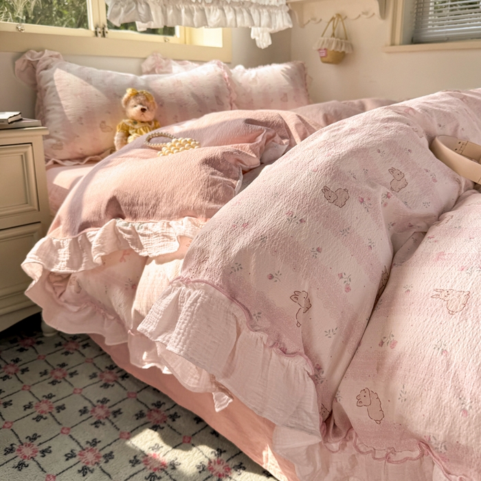 91家纺网 家纺一手货源 找家纺 （总）繁花家居 2025新款高弹线云感木棉多层纱花边超软四件套