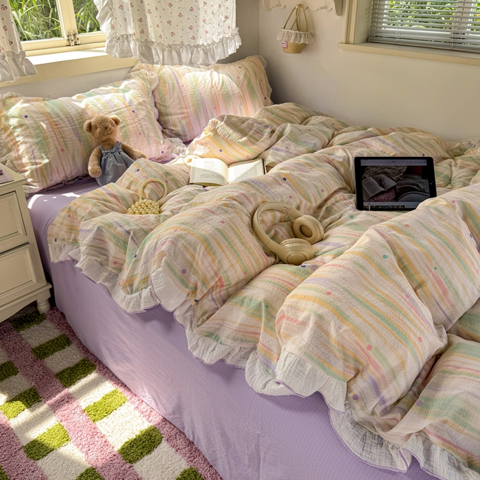 91家纺网 家纺一手货源 找家纺 繁花家居 2025新款高弹线云感木棉多层纱花边超软四件套 色彩斑斓