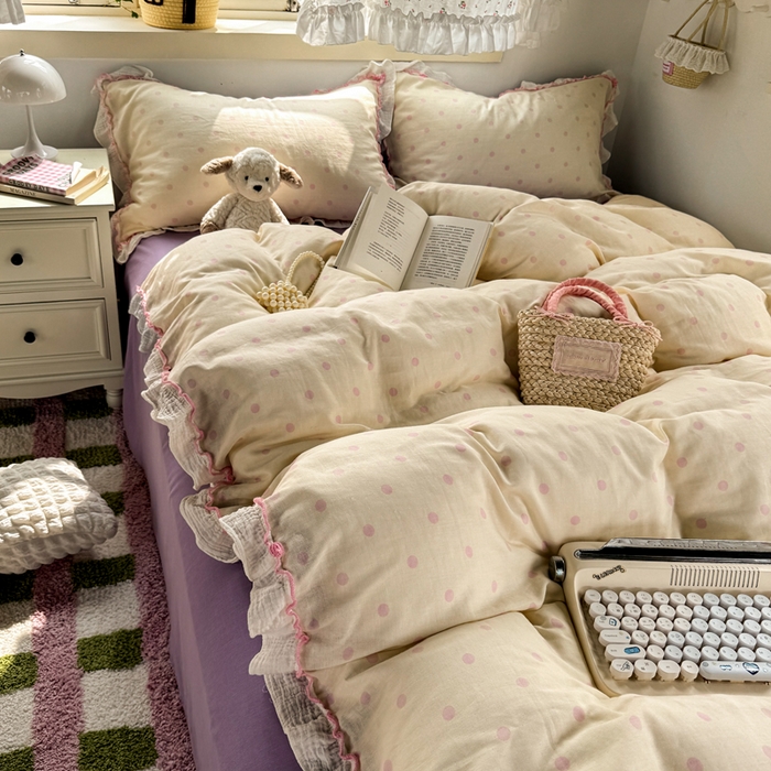 91家纺网 家纺一手货源 找家纺 繁花家居 2025新款高弹线云感木棉多层纱花边超软四件套 波点-粉