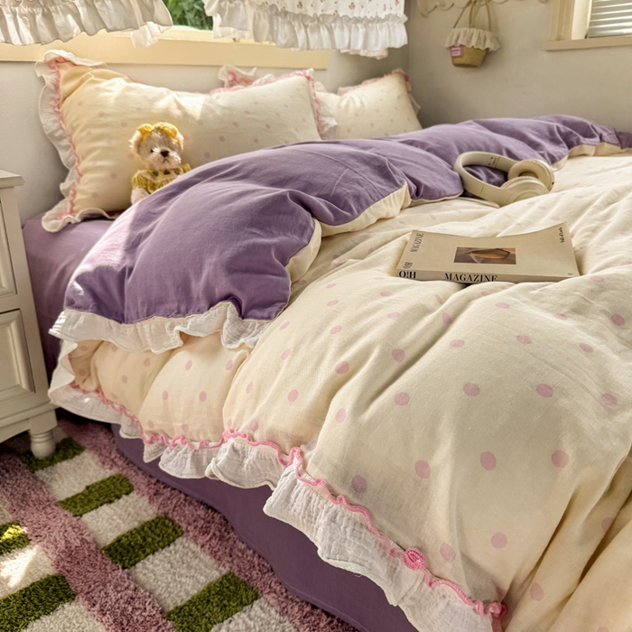 91家纺网 家纺一手货源 找家纺 繁花家居 2025新款高弹线云感木棉多层纱花边超软四件套 波点-粉