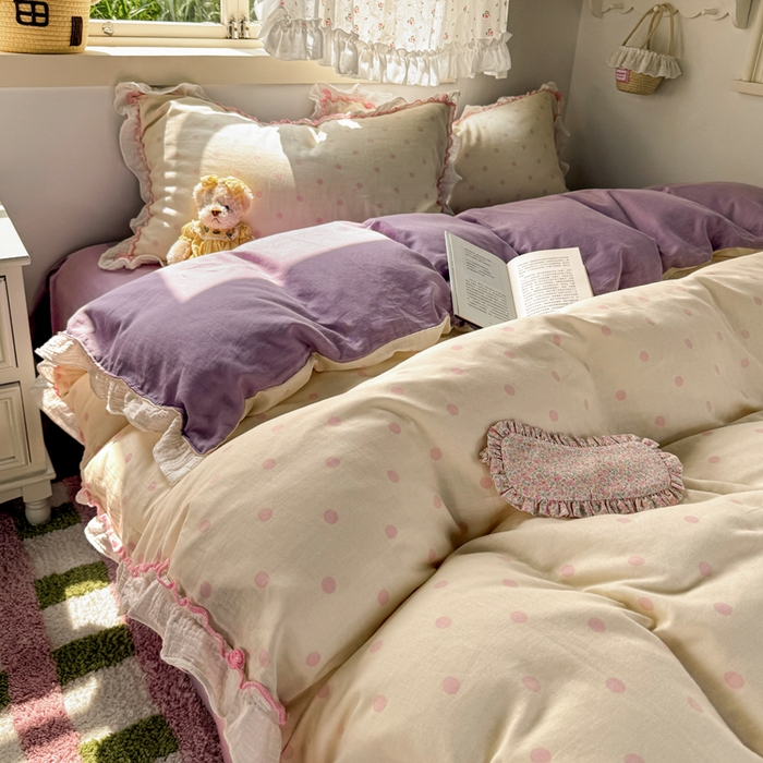 91家纺网 家纺一手货源 找家纺 繁花家居 2025新款高弹线云感木棉多层纱花边超软四件套 波点-粉