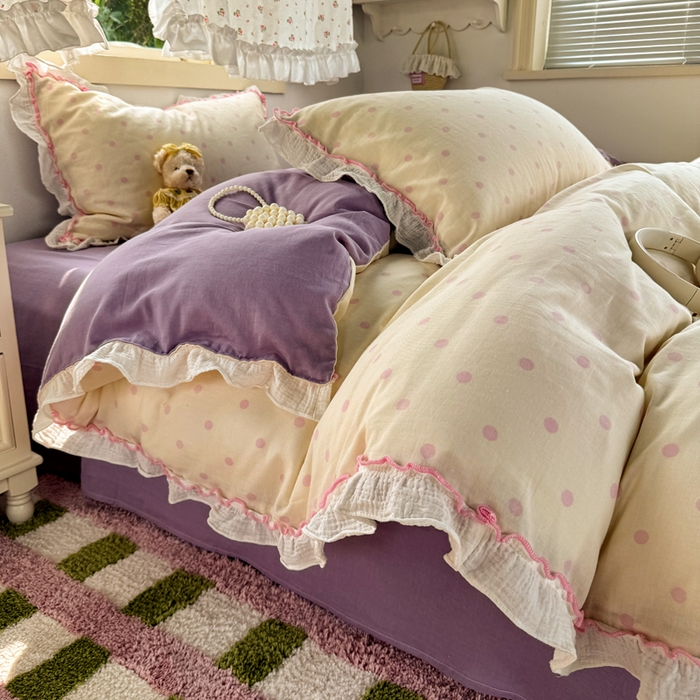 91家纺网 家纺一手货源 找家纺 繁花家居 2025新款高弹线云感木棉多层纱花边超软四件套 波点-粉