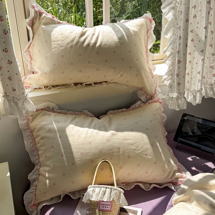 91家纺网 家纺一手货源 找家纺 繁花家居 2025新款高弹线云感木棉多层纱花边超软四件套 波点-粉