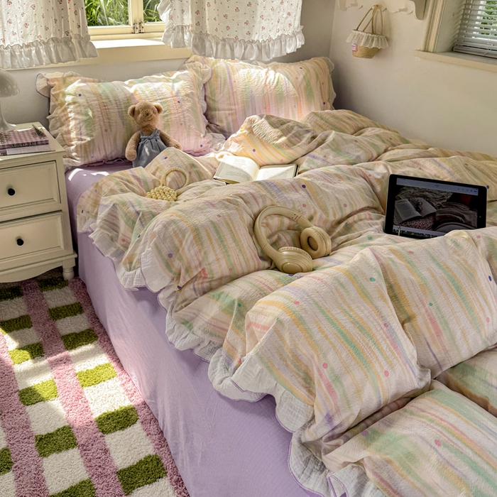 91家纺网 家纺一手货源 找家纺 繁花家居 2025新款高弹线云感木棉多层纱花边超软四件套 色彩斑斓