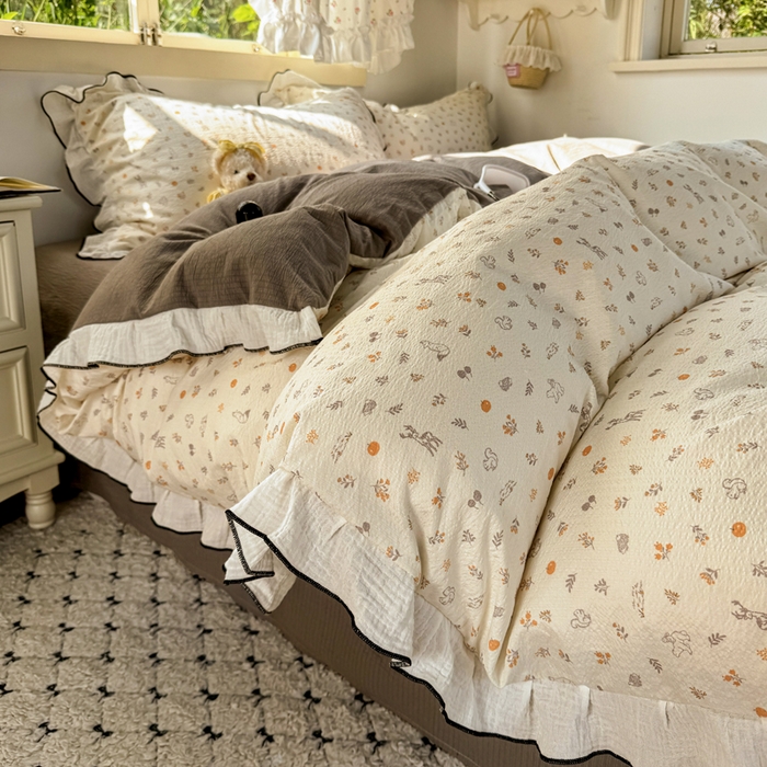 91家纺网 家纺一手货源 找家纺 繁花家居 2025新款高弹线云感木棉多层纱花边超软四件套 森林公园