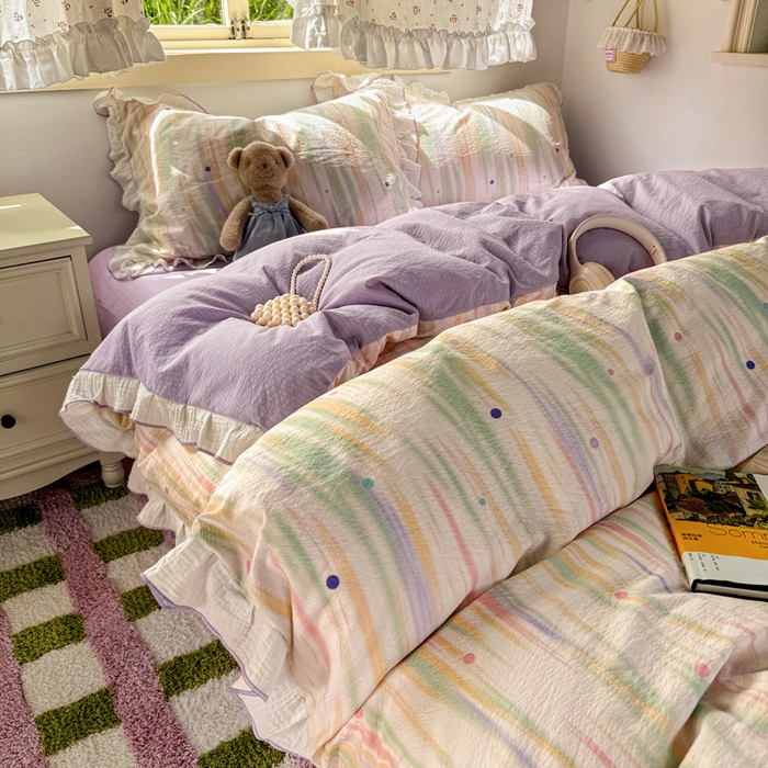 91家纺网 家纺一手货源 找家纺 繁花家居 2025新款高弹线云感木棉多层纱花边超软四件套 色彩斑斓