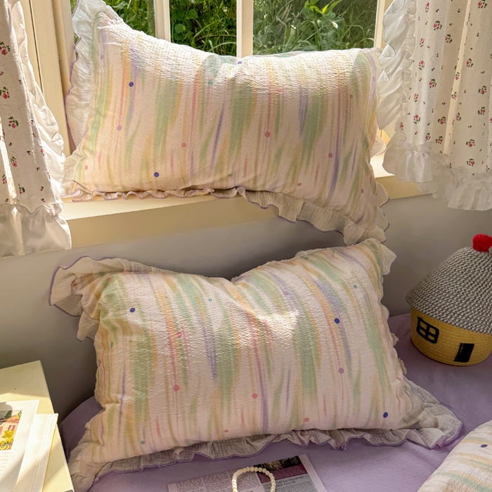 91家纺网 家纺一手货源 找家纺 繁花家居 2025新款高弹线云感木棉多层纱花边超软四件套 色彩斑斓