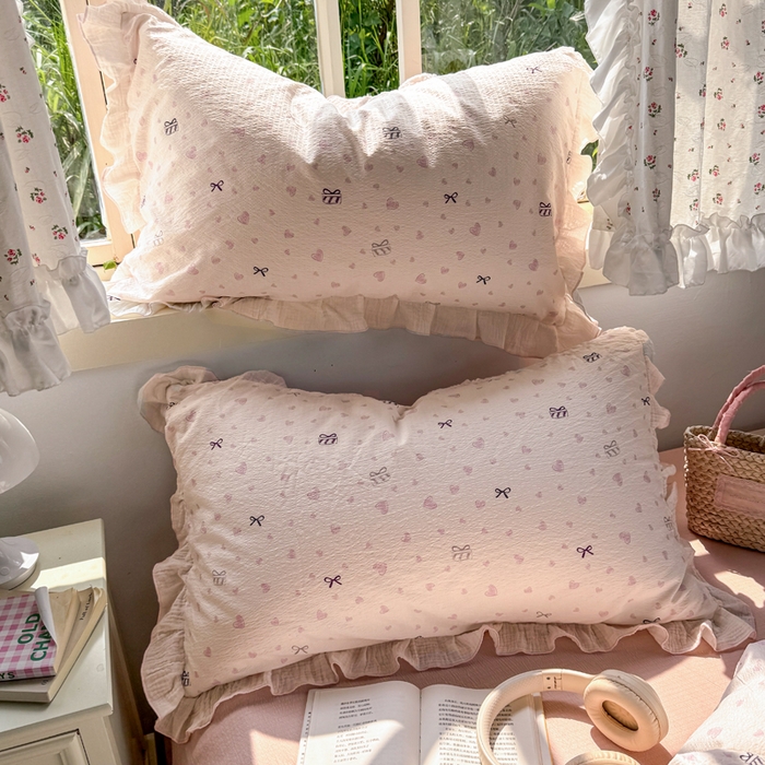 91家纺网 家纺一手货源 找家纺 繁花家居 2025新款高弹线云感木棉多层纱花边超软四件套 蝴蝶结爱心