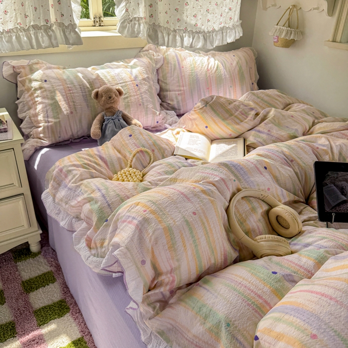 91家纺网 家纺一手货源 找家纺 繁花家居 2025新款高弹线云感木棉多层纱花边超软四件套 色彩斑斓