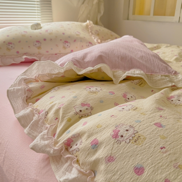 91家纺网 家纺一手货源 找家纺 繁花家居 2025新款高弹线云感木棉多层纱花边超软四件套 圣代甜喵-米