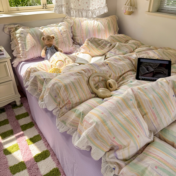 91家纺网 家纺一手货源 找家纺 繁花家居 2025新款高弹线云感木棉多层纱花边超软四件套 色彩斑斓