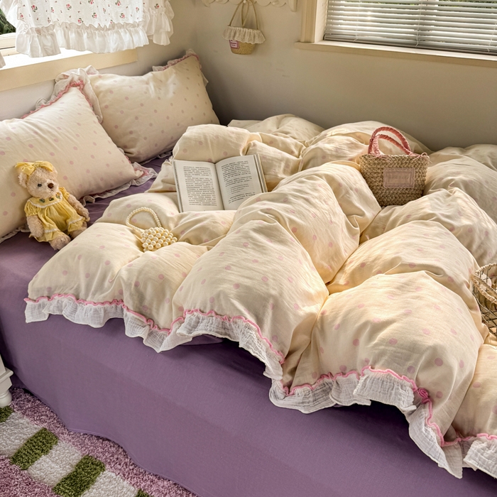 91家纺网 家纺一手货源 找家纺 繁花家居 2025新款高弹线云感木棉多层纱花边超软四件套 波点-粉