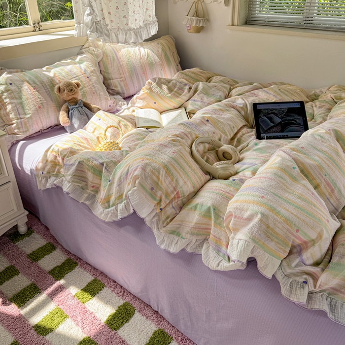 91家纺网 家纺一手货源 找家纺 繁花家居 2025新款高弹线云感木棉多层纱花边超软四件套 色彩斑斓