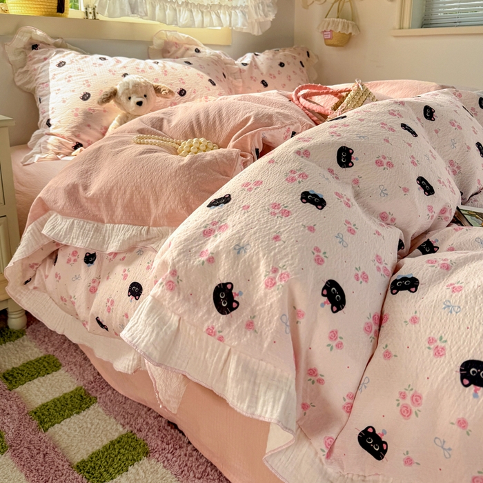 繁花家居 2025新款高弹线云感木棉多层纱花边超软四件套 黑猫花花