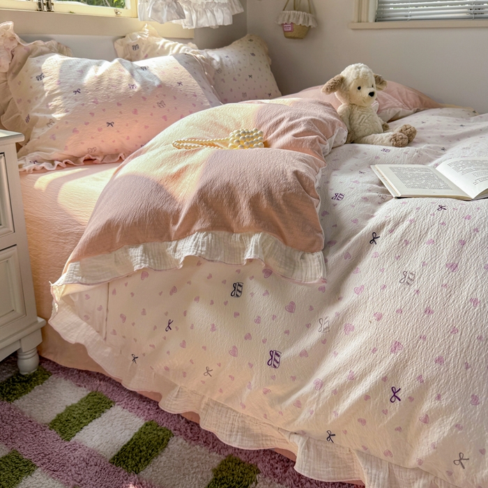 91家纺网 家纺一手货源 找家纺 繁花家居 2025新款高弹线云感木棉多层纱花边超软四件套 蝴蝶结爱心