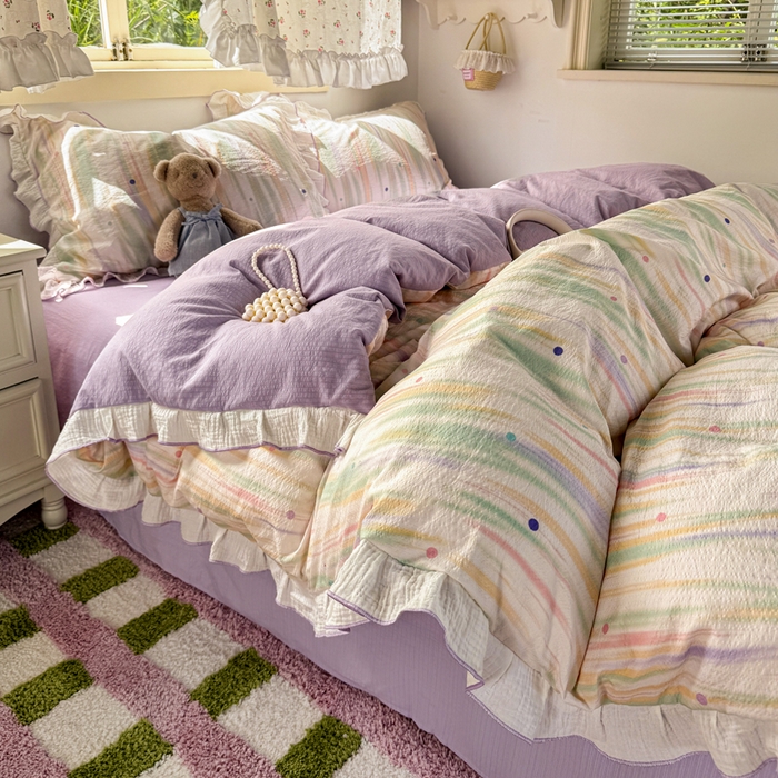 91家纺网 家纺一手货源 找家纺 繁花家居 2025新款高弹线云感木棉多层纱花边超软四件套 色彩斑斓