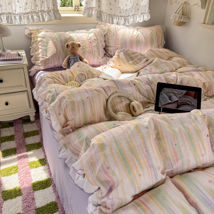 91家纺网 家纺一手货源 找家纺 繁花家居 2025新款高弹线云感木棉多层纱花边超软四件套 色彩斑斓