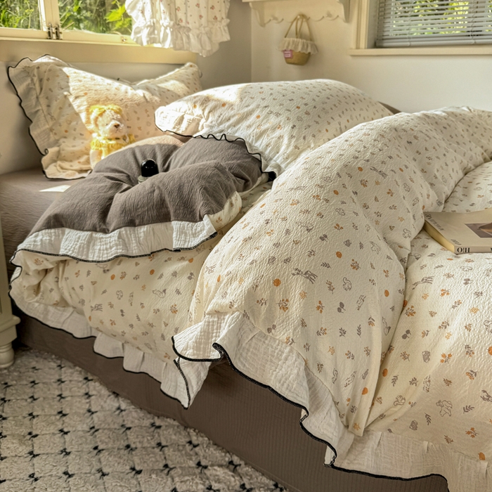 91家纺网 家纺一手货源 找家纺 繁花家居 2025新款高弹线云感木棉多层纱花边超软四件套 森林公园