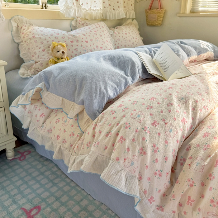 91家纺网 家纺一手货源 找家纺 （总）繁花家居 2025新款高弹线云感木棉多层纱花边超软四件套