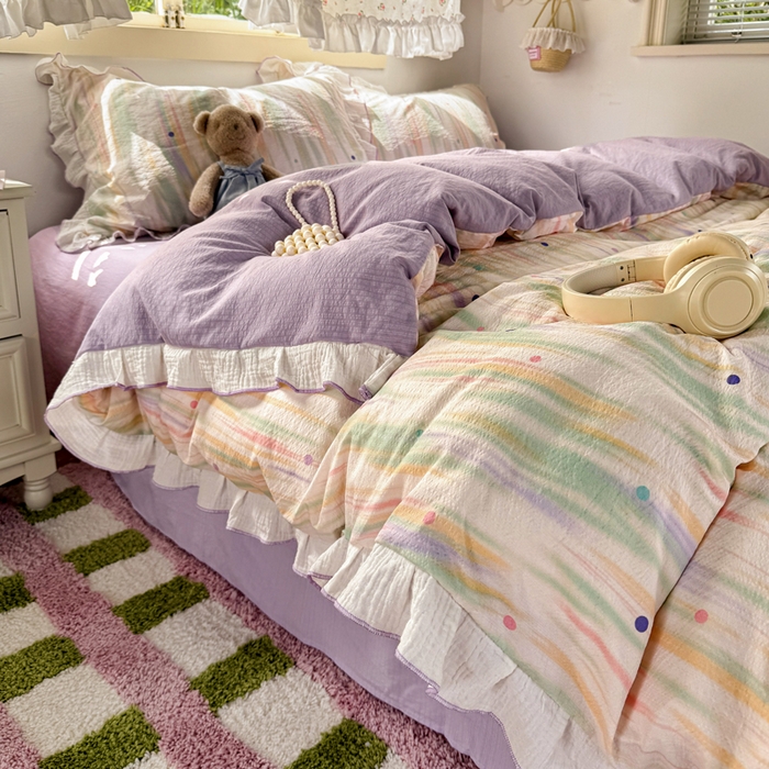 91家纺网 家纺一手货源 找家纺 （总）繁花家居 2025新款高弹线云感木棉多层纱花边超软四件套