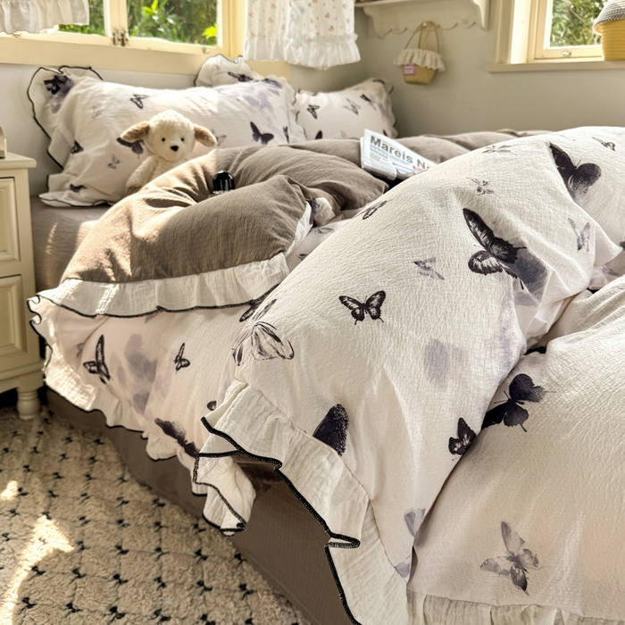 91家纺网 家纺一手货源 找家纺 （总）繁花家居 2025新款高弹线云感木棉多层纱花边超软四件套