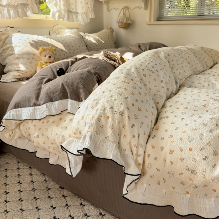 91家纺网 家纺一手货源 找家纺 繁花家居 2025新款高弹线云感木棉多层纱花边超软四件套 森林公园