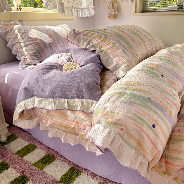 91家纺网 家纺一手货源 找家纺 繁花家居 2025新款高弹线云感木棉多层纱花边超软四件套 色彩斑斓