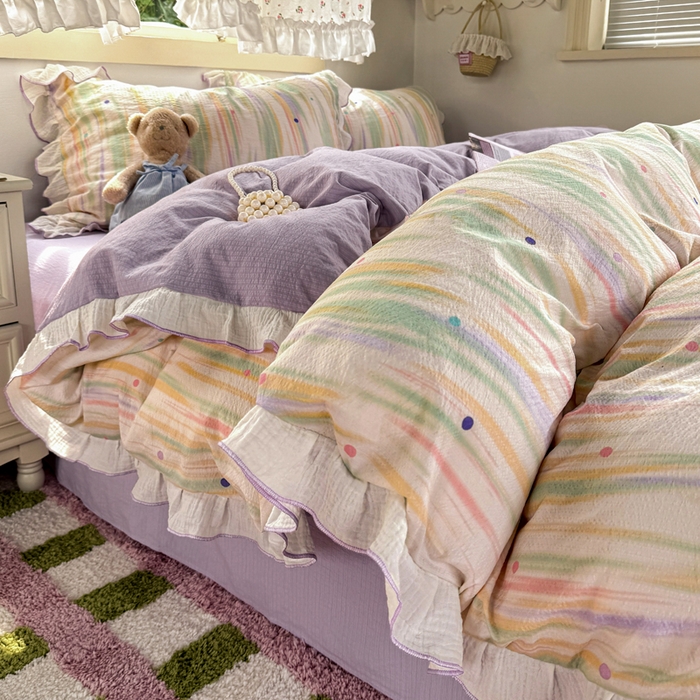 91家纺网 家纺一手货源 找家纺 繁花家居 2025新款高弹线云感木棉多层纱花边超软四件套 色彩斑斓