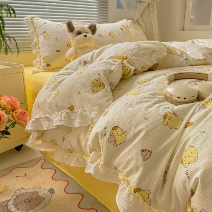 91家纺网 家纺一手货源 找家纺 （总）繁花家居 2025新款高弹线云感木棉多层纱花边超软四件套