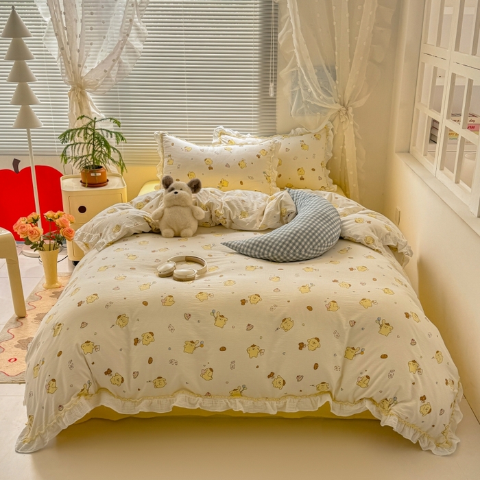 91家纺网 家纺一手货源 找家纺 繁花家居 2025新款高弹线云感木棉多层纱花边超软四件套 小狗布丁