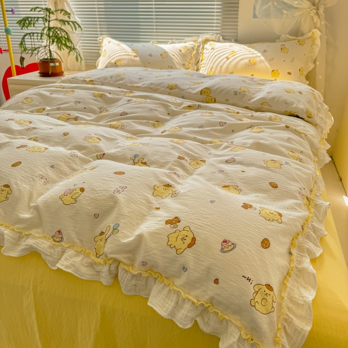 91家纺网 家纺一手货源 找家纺 繁花家居 2025新款高弹线云感木棉多层纱花边超软四件套 小狗布丁