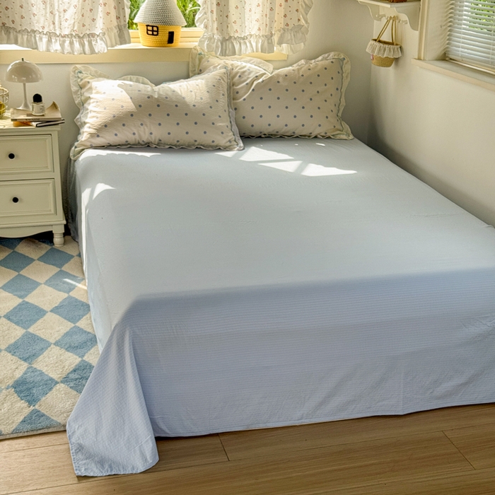 91家纺网 家纺一手货源 找家纺 繁花家居 2025新款高弹线云感木棉多层纱花边超软四件套 波点-蓝