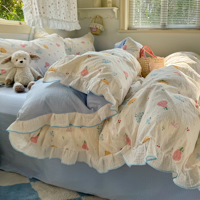 91家纺网 家纺一手货源 找家纺 繁花家居 2025新款高弹线云感木棉多层纱花边超软四件套 彩色南瓜