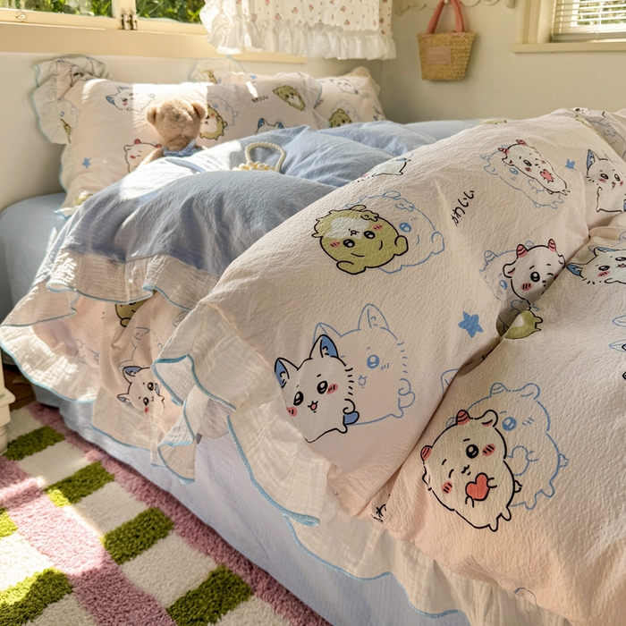 91家纺网 家纺一手货源 找家纺 繁花家居 2025新款高弹线云感木棉多层纱花边超软四件套 三小只